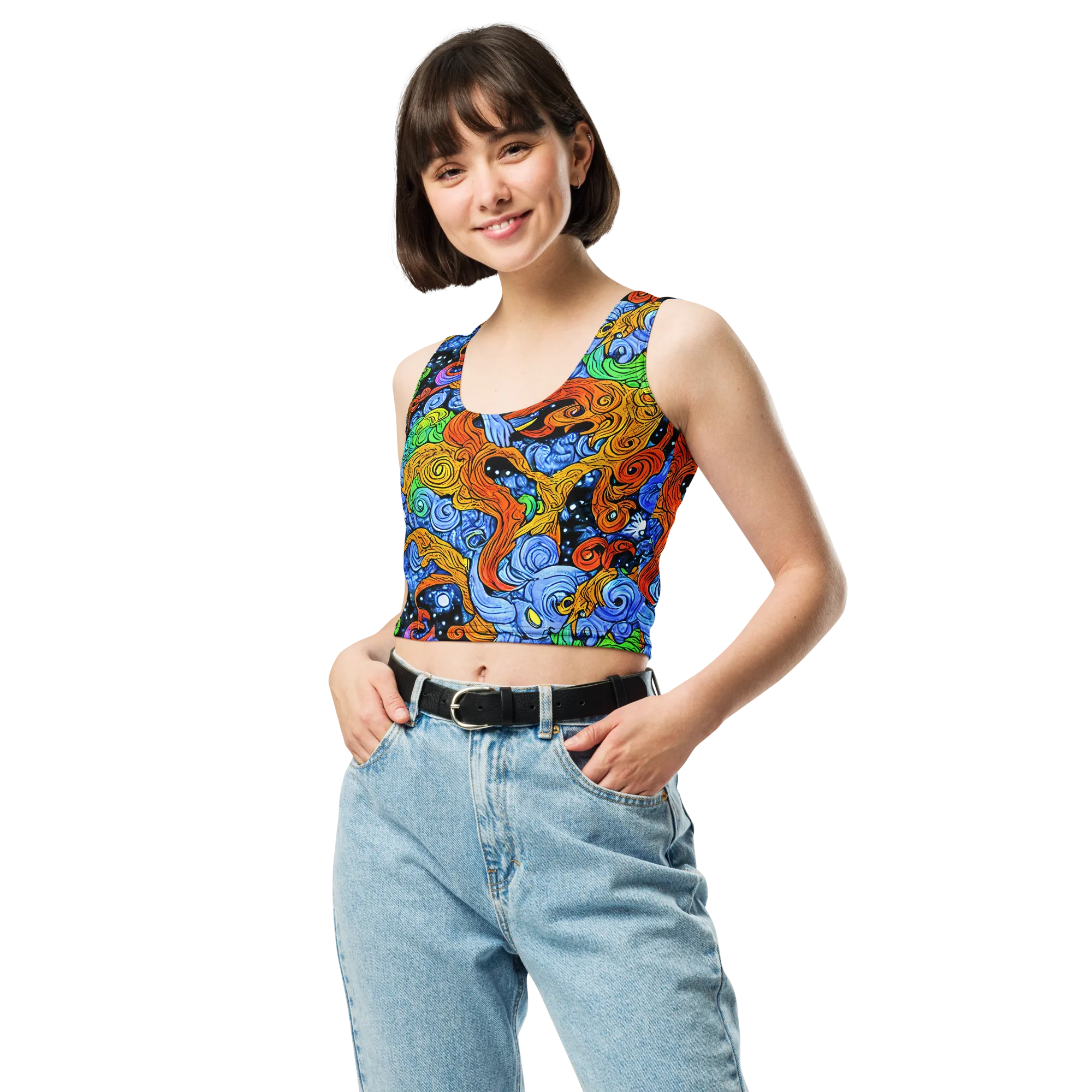 Blue Flame Orbit on Crop Top — Front