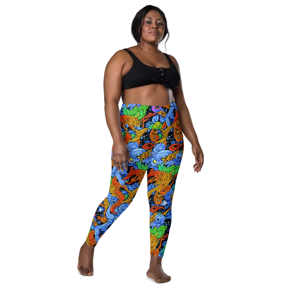 Blue Flame Orbit on Leggings with Pockets — Front