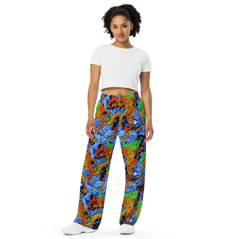 Blue Flame Orbit on Wide-Leg Pants — Front