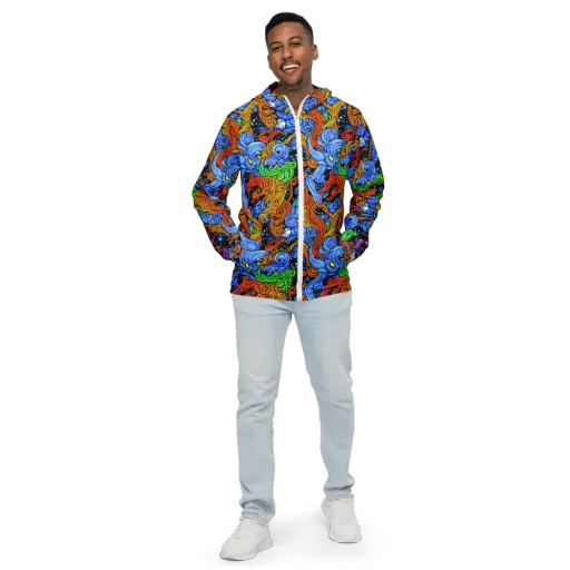 Blue Flame Orbit on a Men's Windbreaker