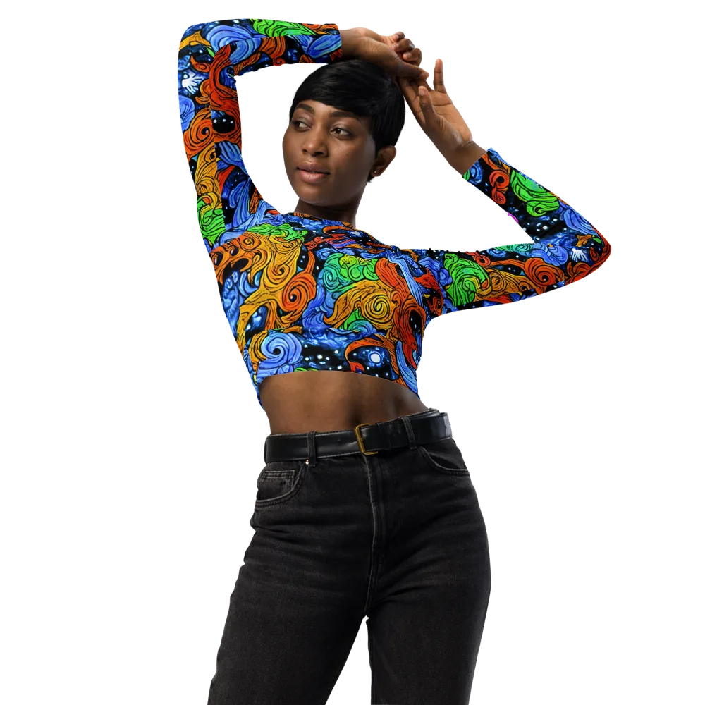 Blue Flame Orbit on Long Sleeve Crop Top — Front