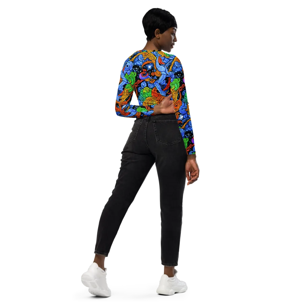 Blue Flame Orbit on Long Sleeve Crop Top — Right Back