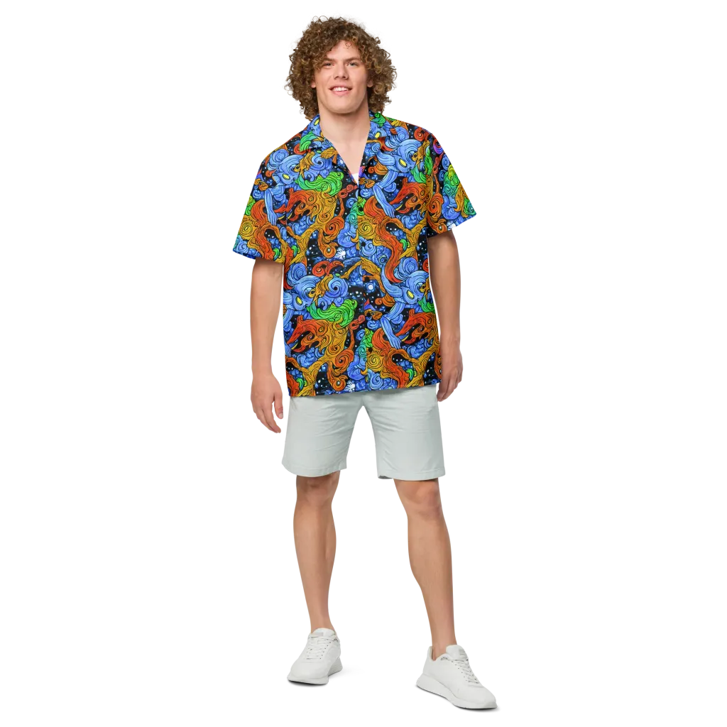 Blue Flame Orbit on Button Shirt — Front