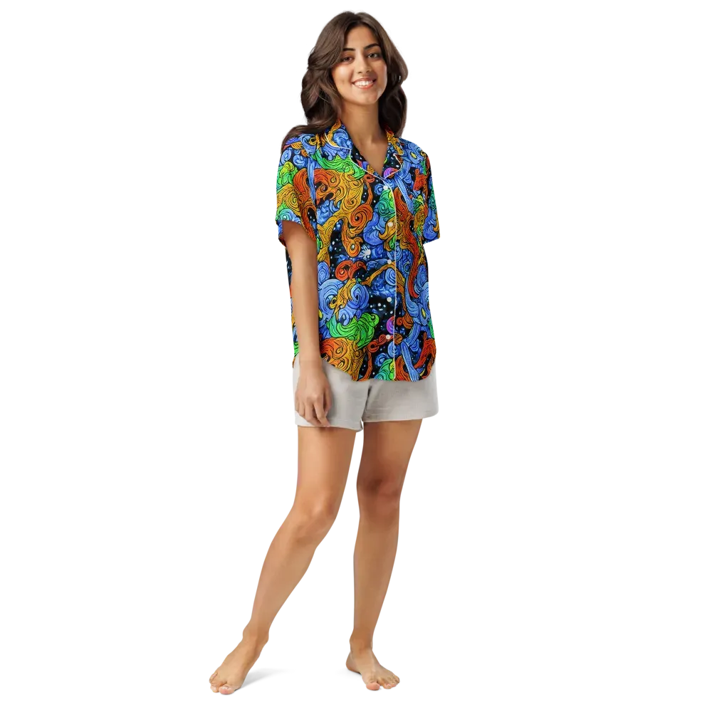 Blue Flame Orbit on Women's Short Sleeve Pajama Top — Front