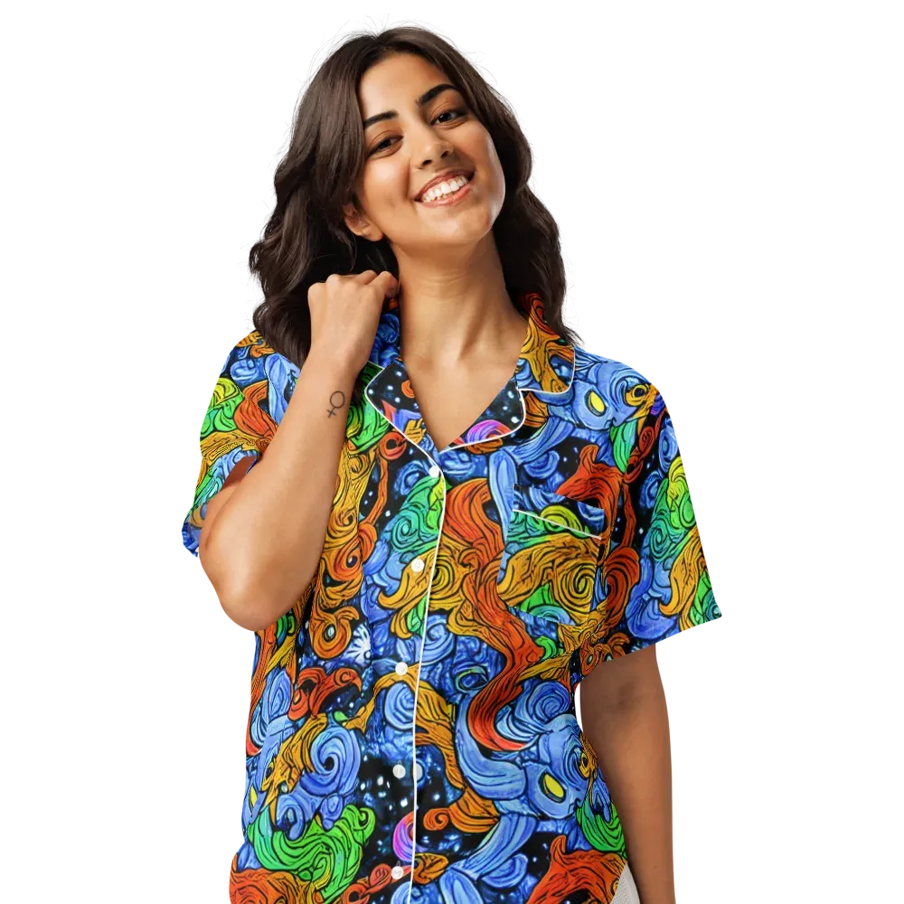 Blue Flame Orbit on Women's Short Sleeve Pajama Top — Front