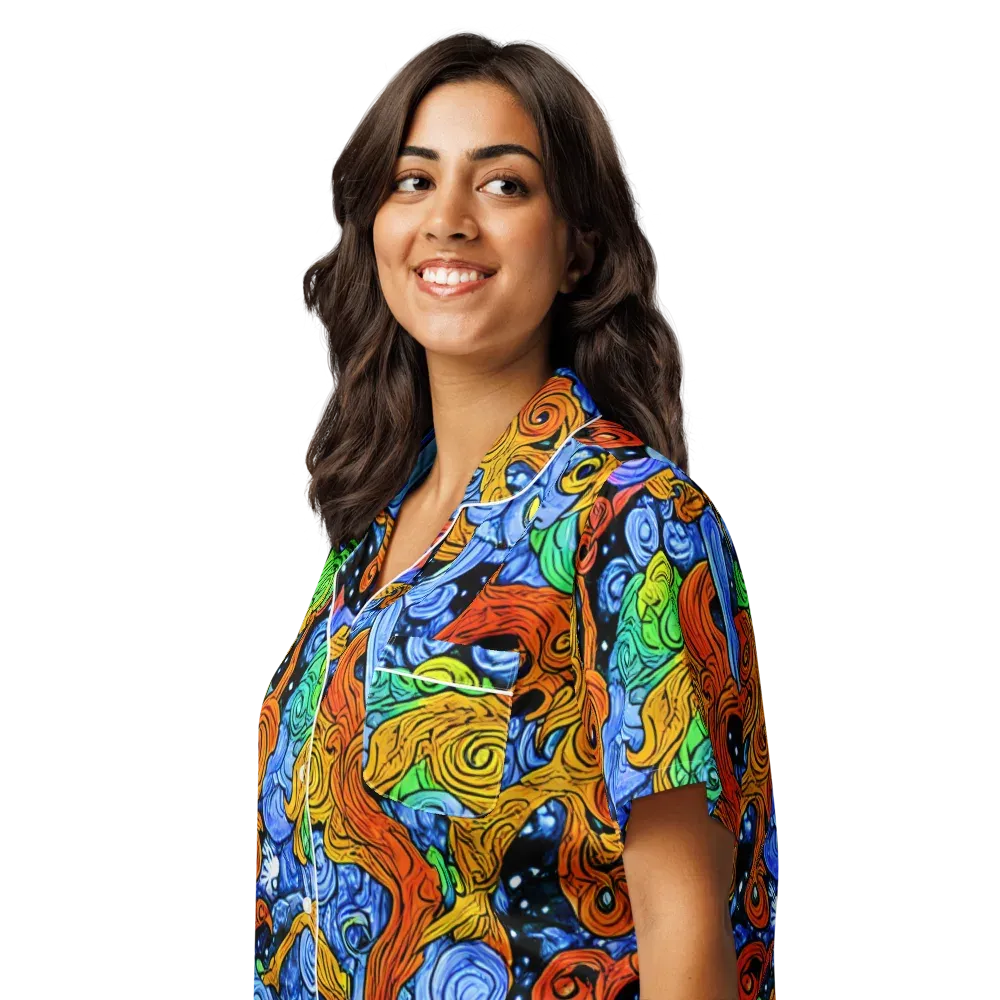 Blue Flame Orbit on Women's Short Sleeve Pajama Top — Left Front