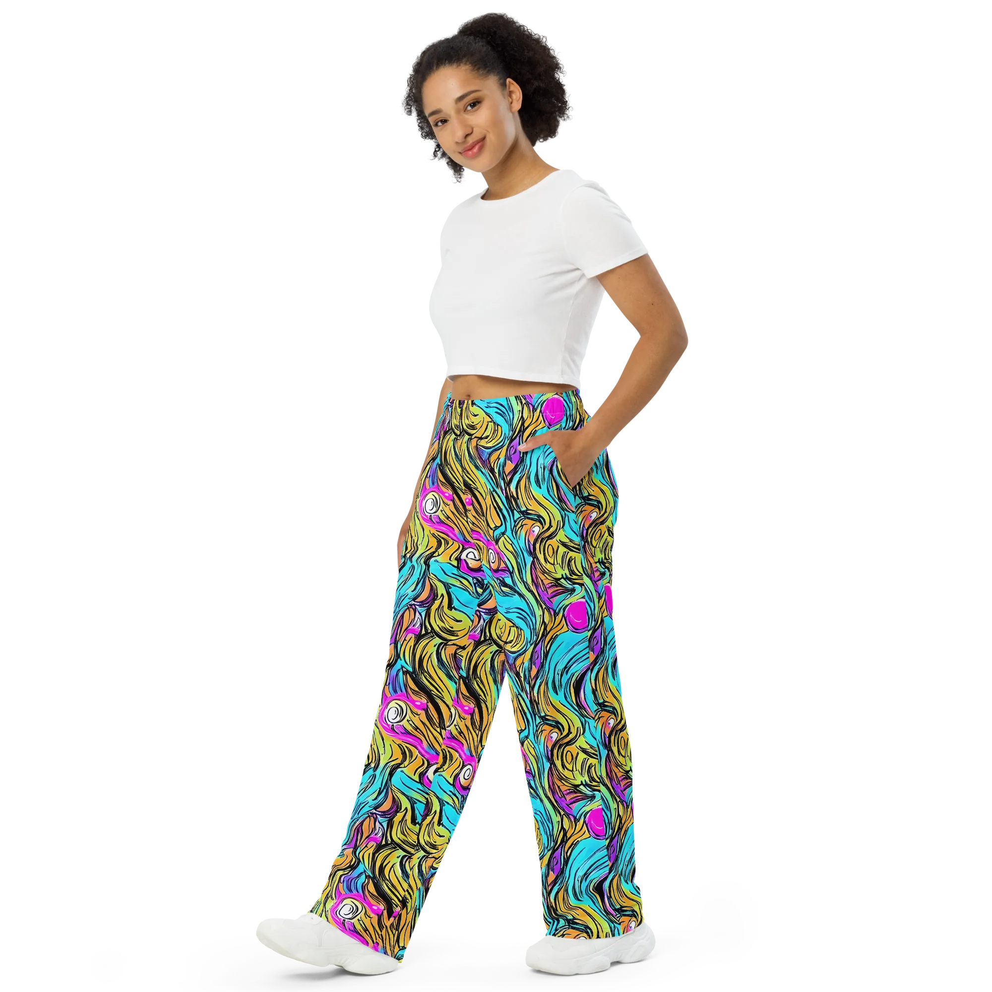 Liquid Neon on Wide-Leg Pants — Left Front