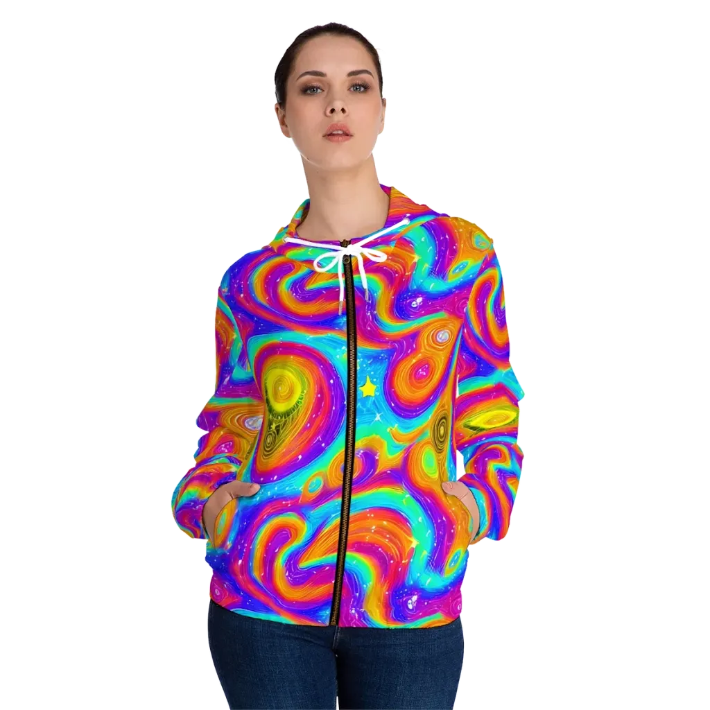 Color Cyclone on Women's Full-Zip Hoodie — Front On Person