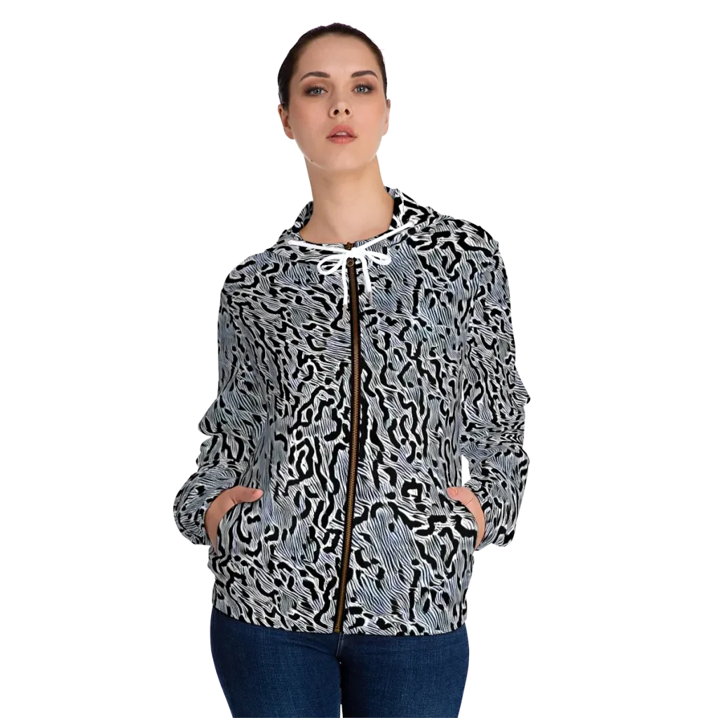 Noir Zebra on Women's Full-Zip Hoodie — Front On Person