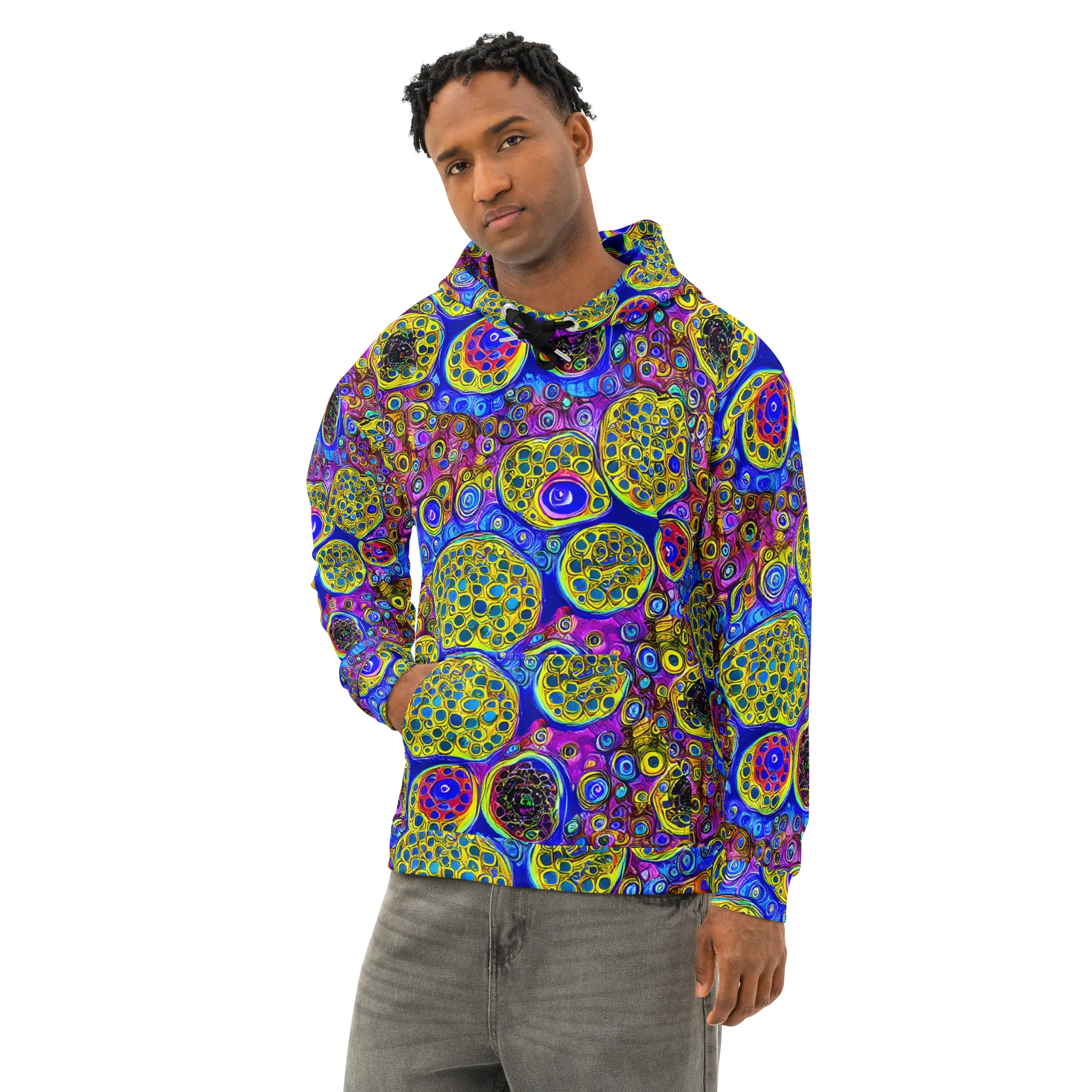 Electric Pomegranate on Cotton Hoodie — Left Front