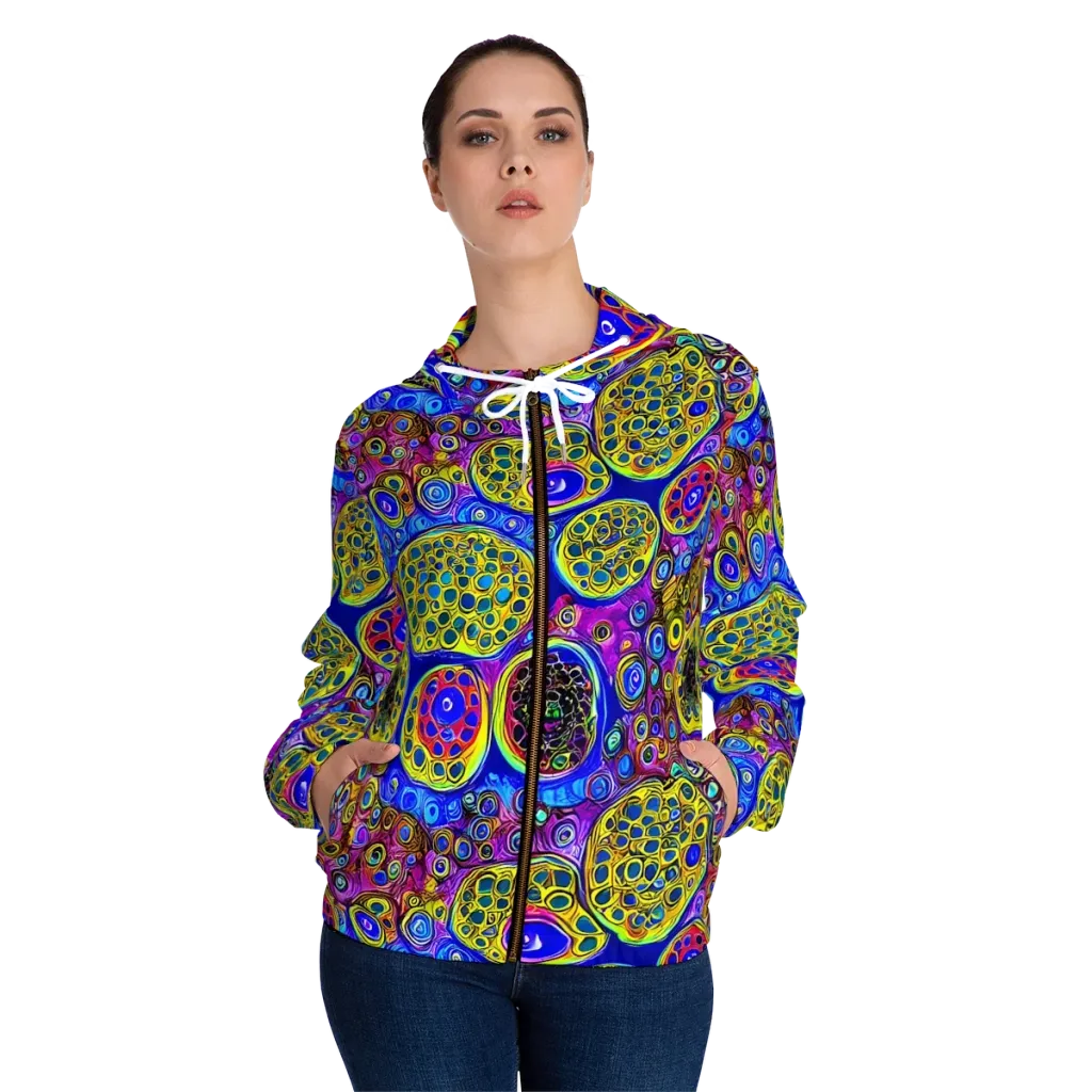 Electric Pomegranate on Women's Full-Zip Hoodie — Front On Person