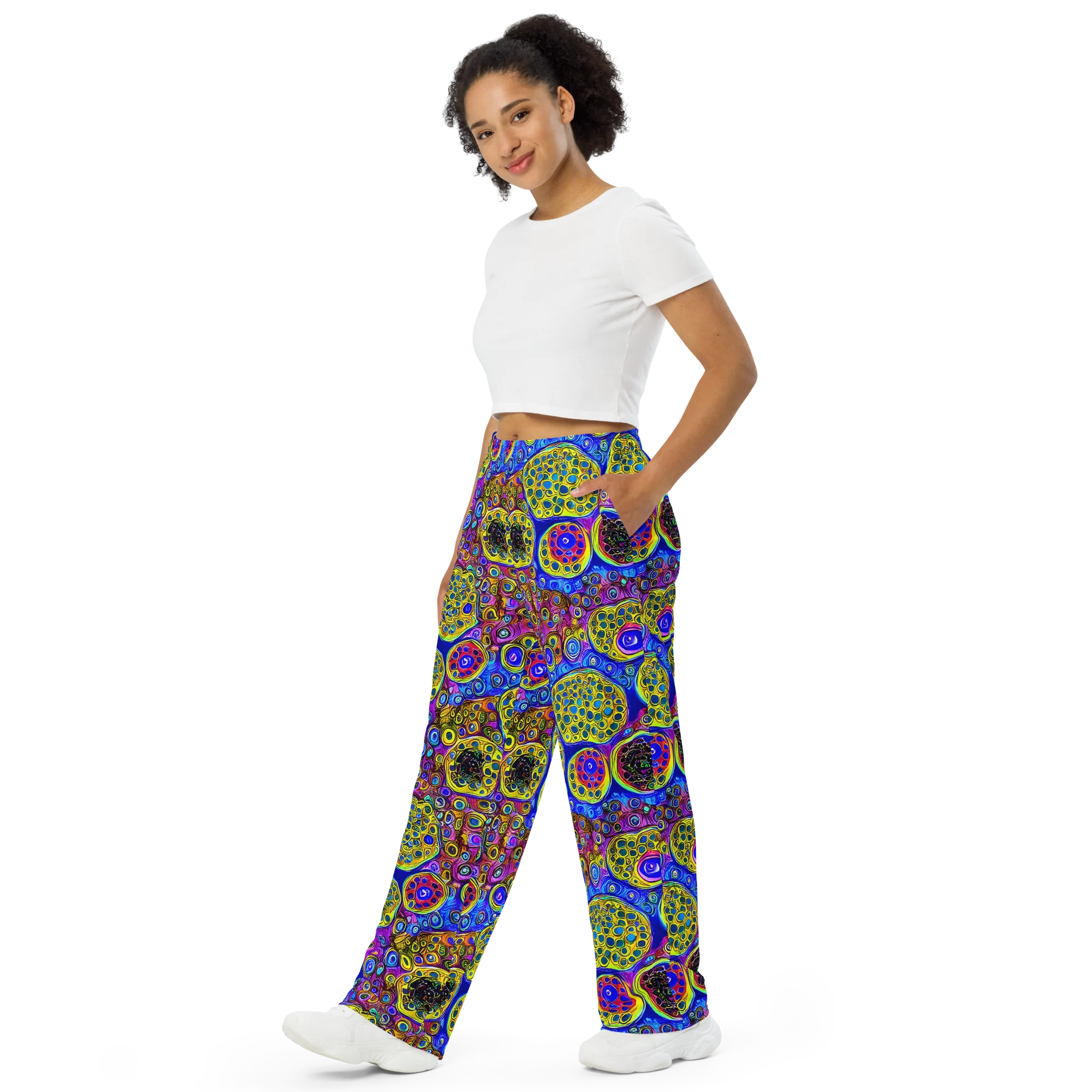 Electric Pomegranate on Wide-Leg Pants — Left Front
