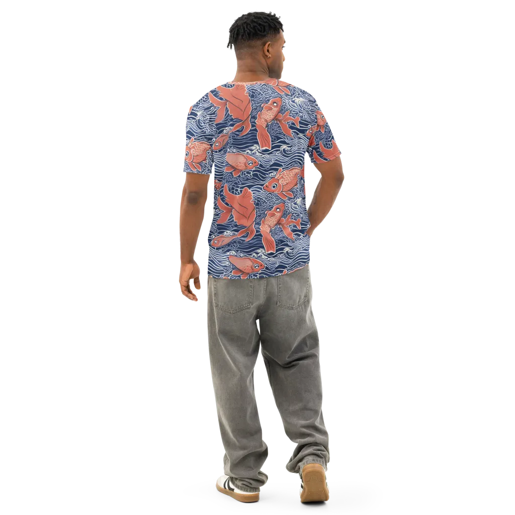 Navy Koi on Men's Cotton Crew Neck T-Shirt — Back