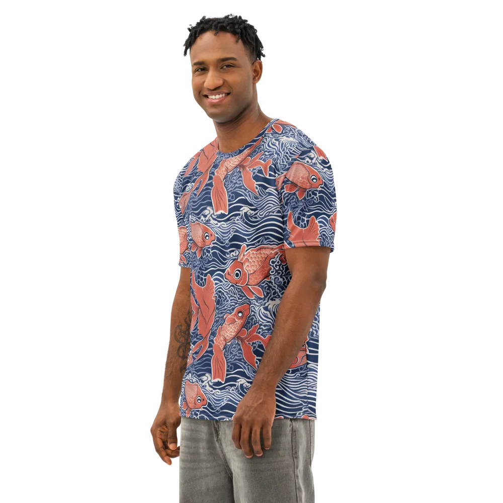 Navy Koi on Men's Cotton Crew Neck T-Shirt — Left Front