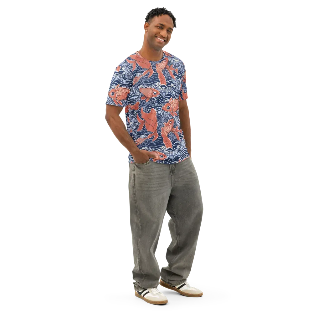 Navy Koi on Men's Cotton Crew Neck T-Shirt — Right Front