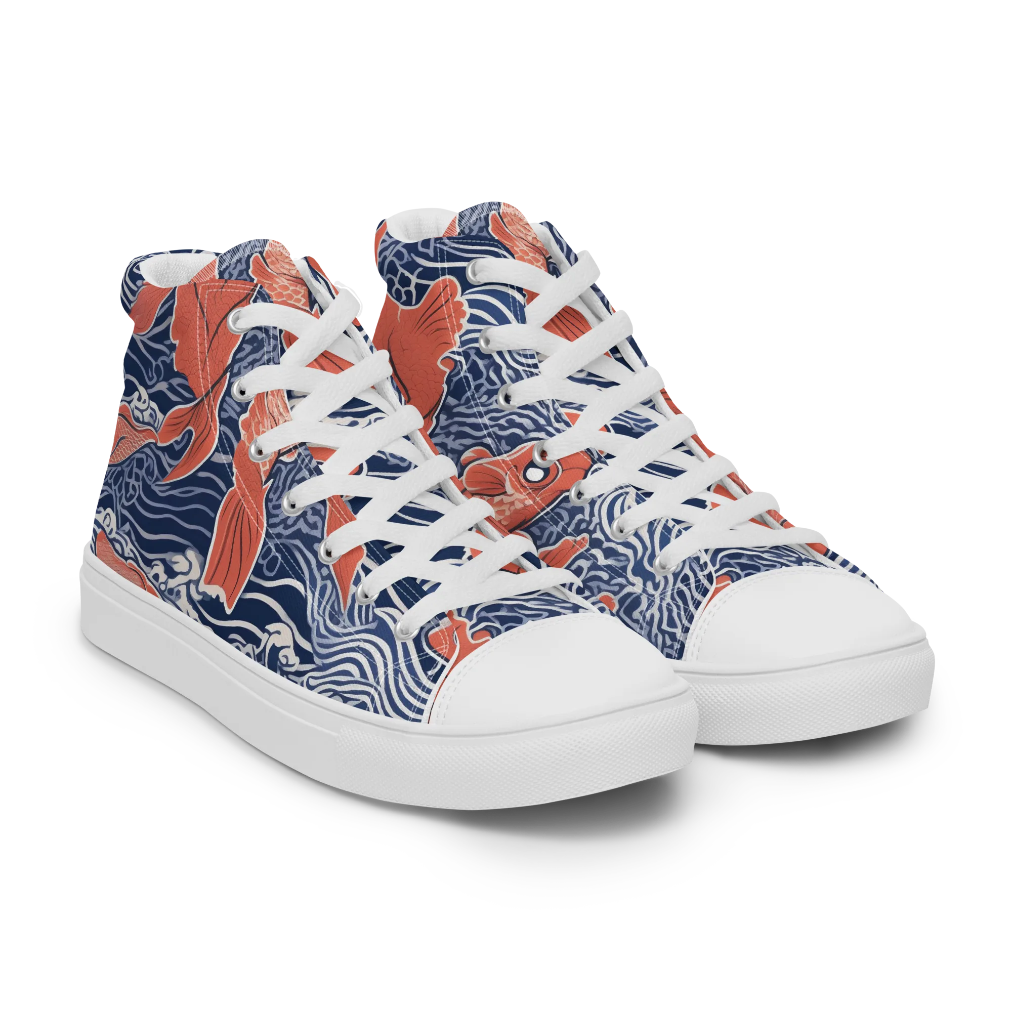 Navy Koi on Women's High Top Canvas Shoes — Right Front
