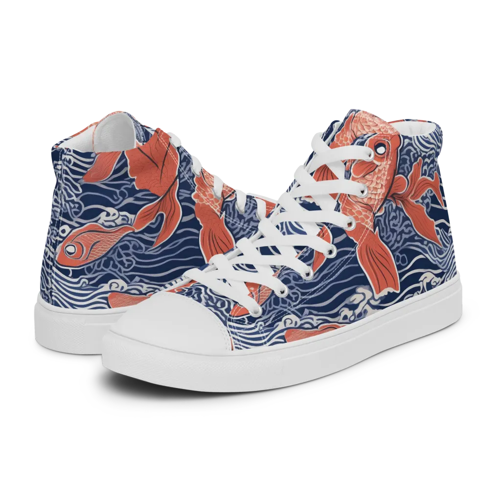 Navy Koi on Women's High Top Canvas Shoes — Left