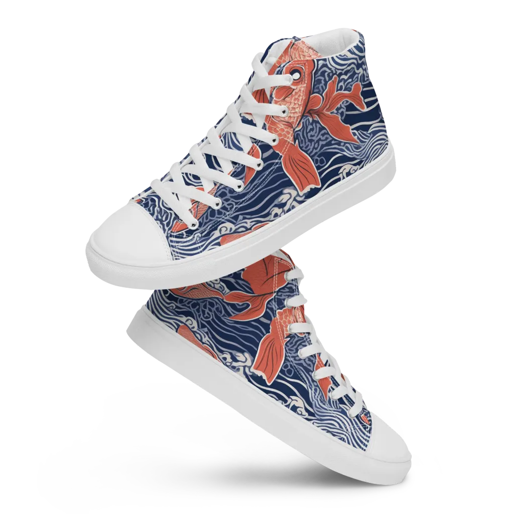 Navy Koi on Women's High Top Canvas Shoes — Front