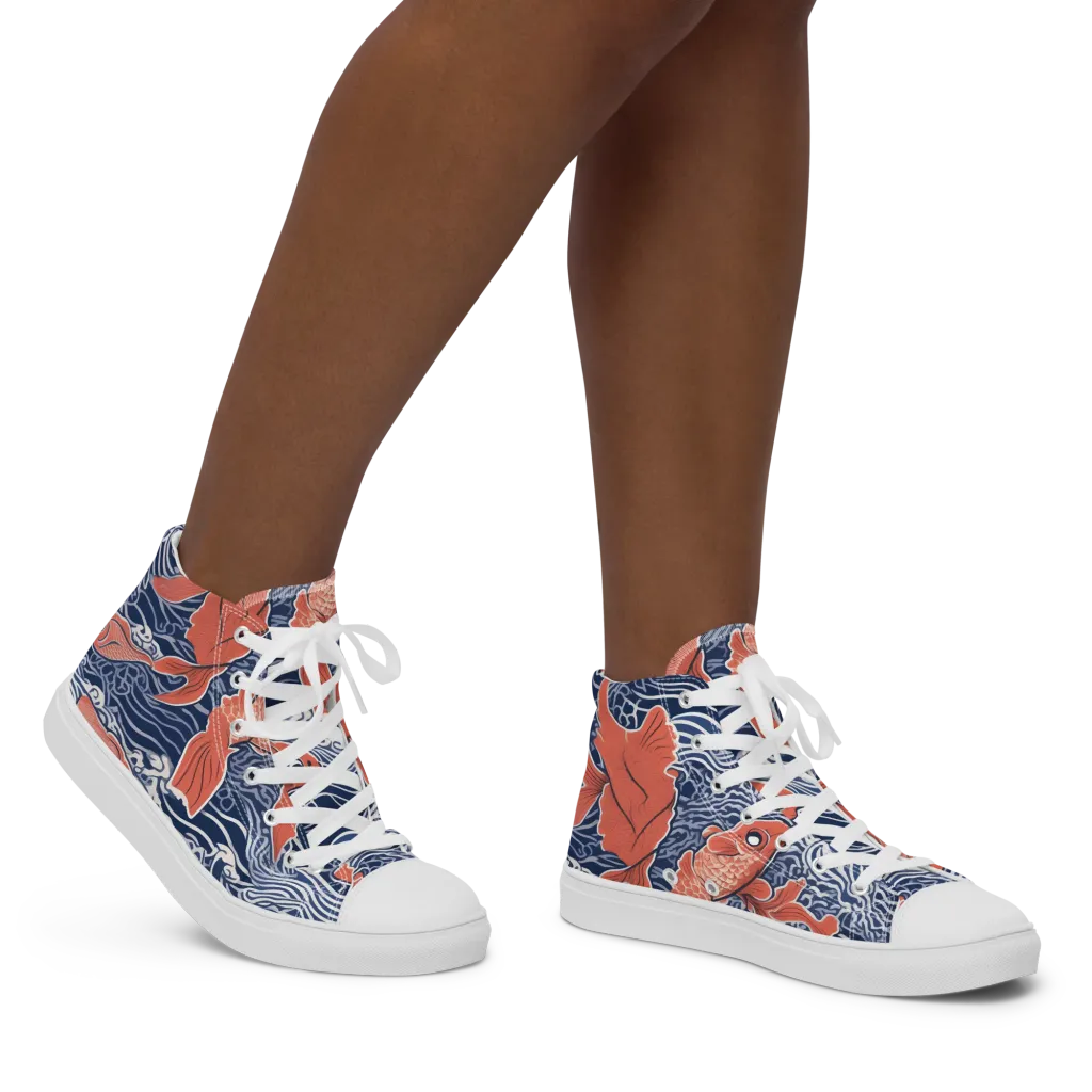Navy Koi on Women's High Top Canvas Shoes — Right