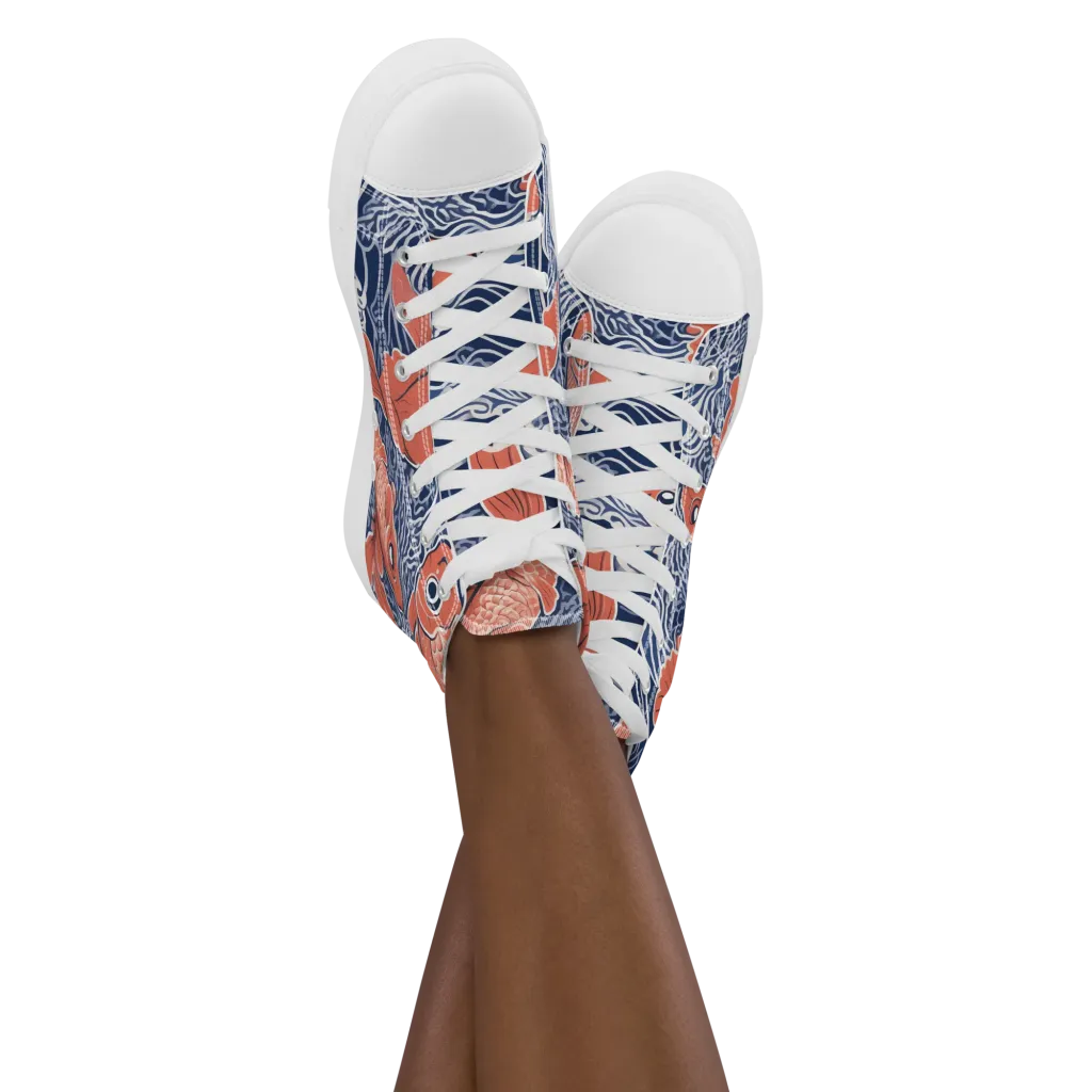 Navy Koi on Women's High Top Canvas Shoes — Front