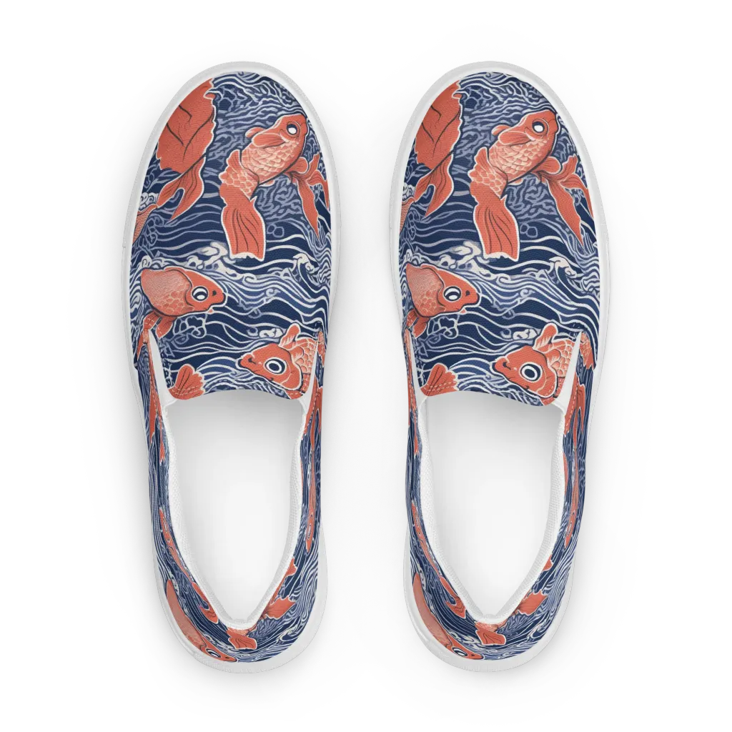 Navy Koi on Men's Slip-On Canvas Shoes — Front