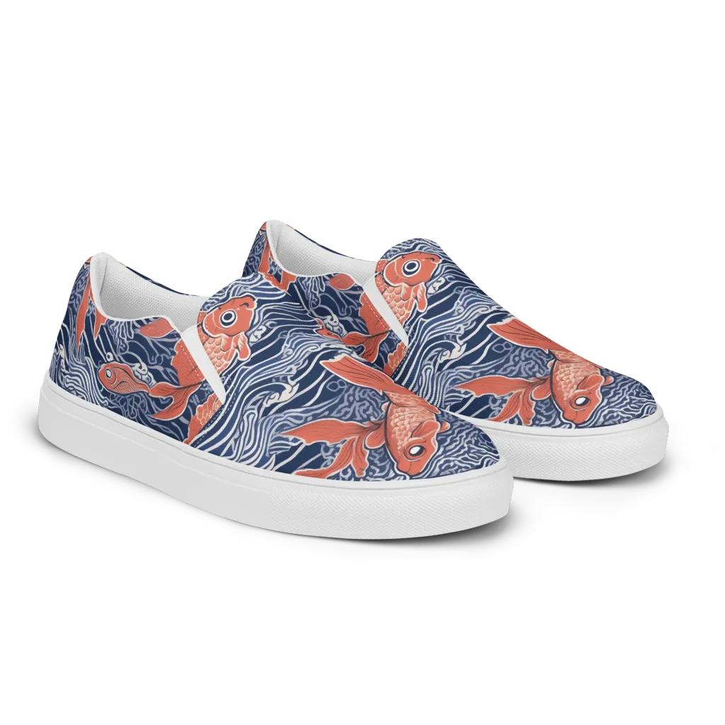 Navy Koi on Men's Slip-On Canvas Shoes — Right Front
