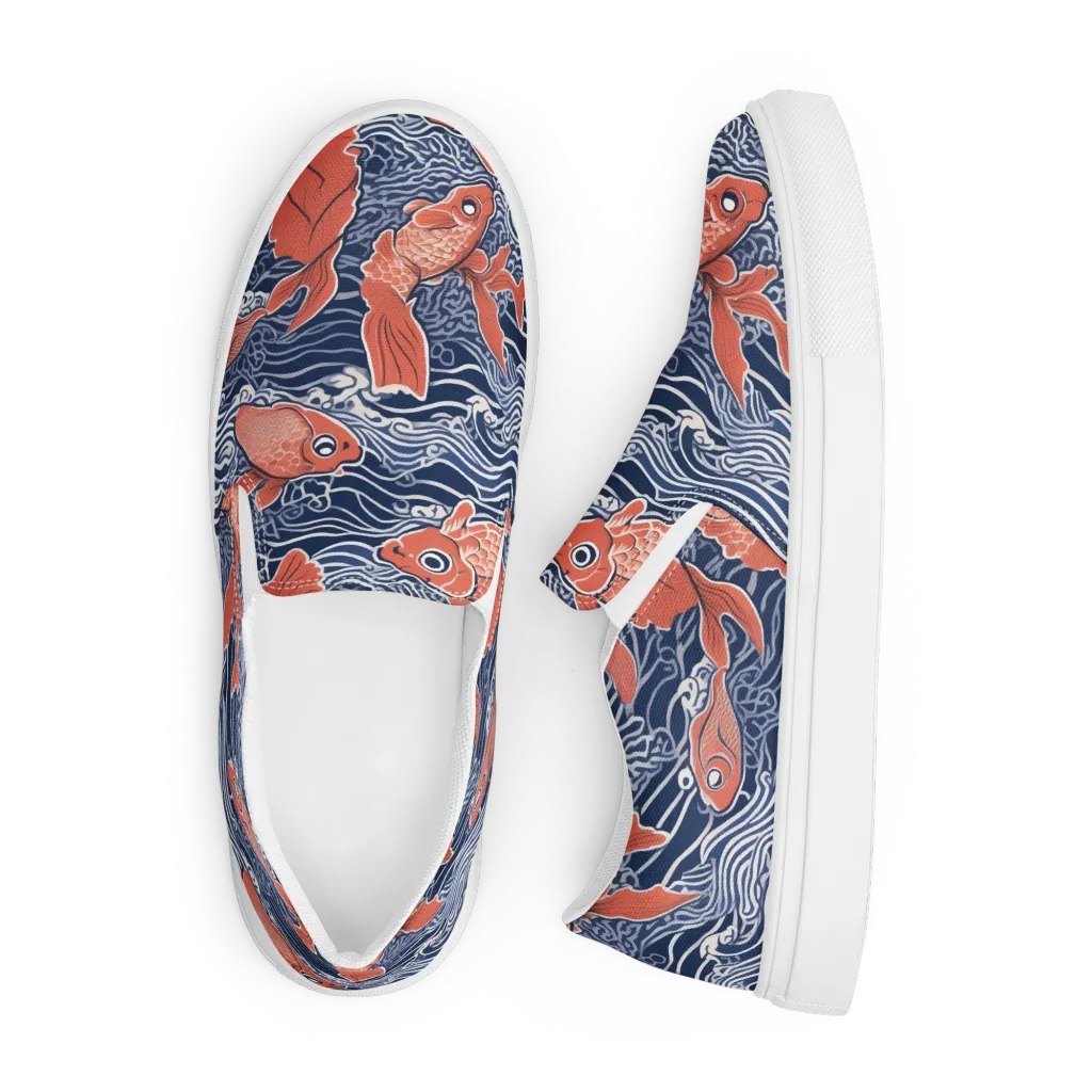 Navy Koi on Men's Slip-On Canvas Shoes — Front