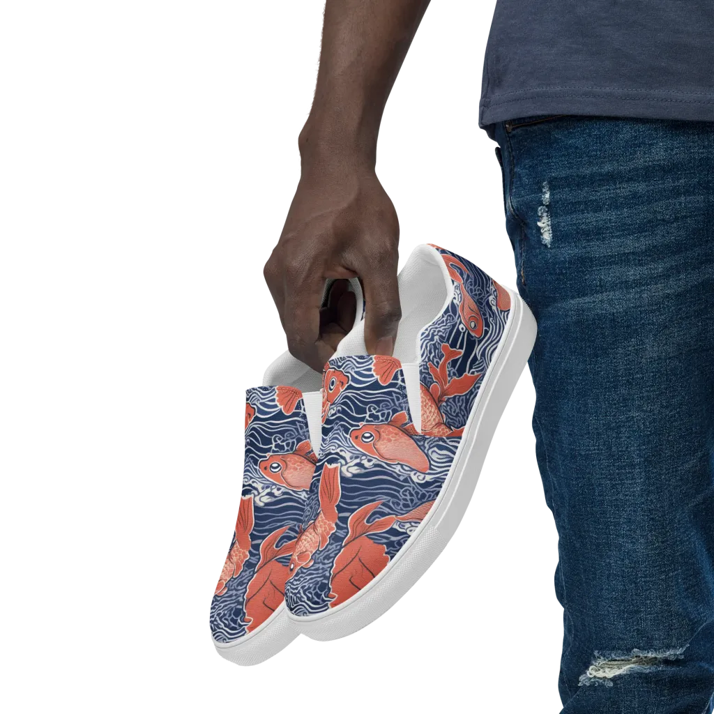 Navy Koi on Men's Slip-On Canvas Shoes — Left Front
