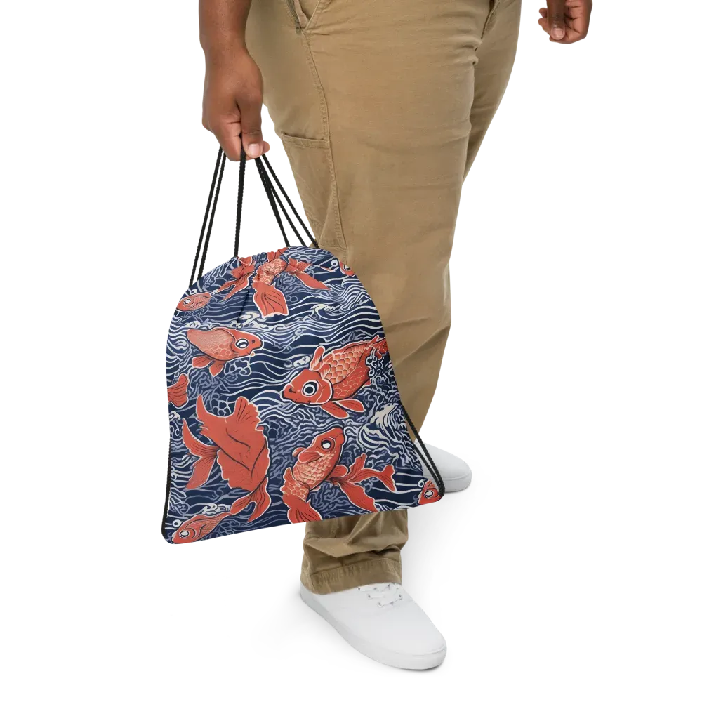 Navy Koi on Drawstring Bag — Front