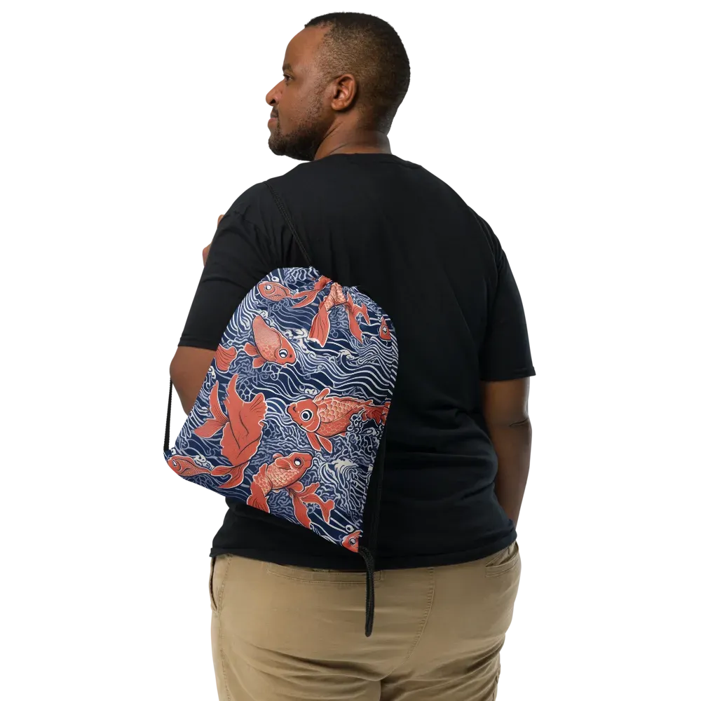 Navy Koi on Drawstring Bag — Front