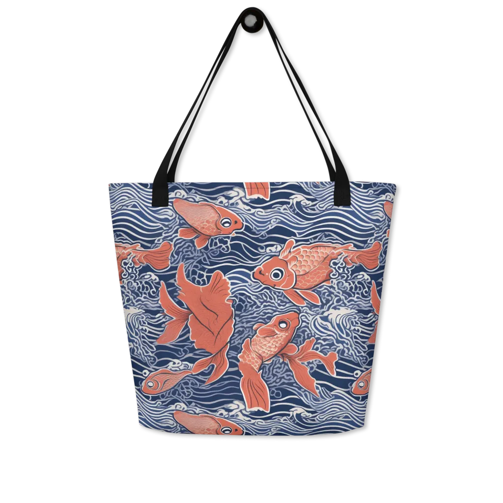 Navy Koi on Large Tote Bag W/ Pocket — Front