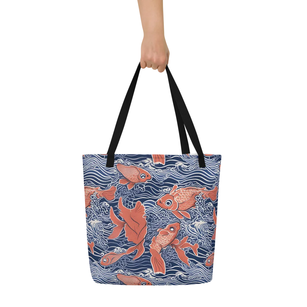 Navy Koi on Large Tote Bag W/ Pocket — Front