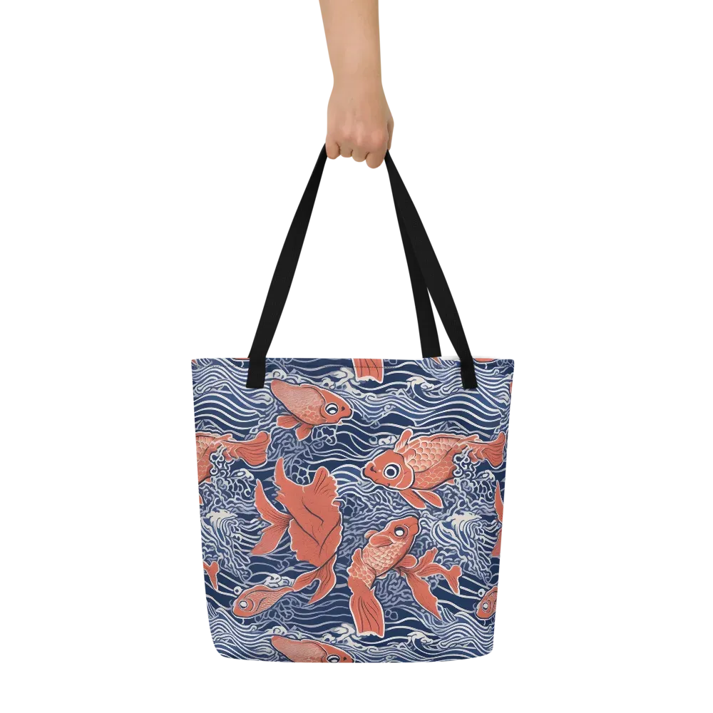 Navy Koi on Large Tote Bag W/ Pocket — Front