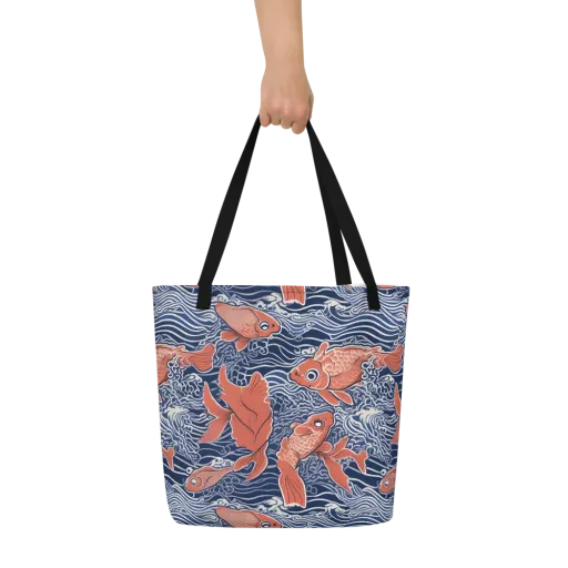 Navy Koi on a Large Tote Bag W/ Pocket