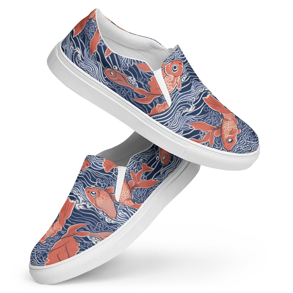 Navy Koi on Women's Slip-On Canvas Shoes — Front