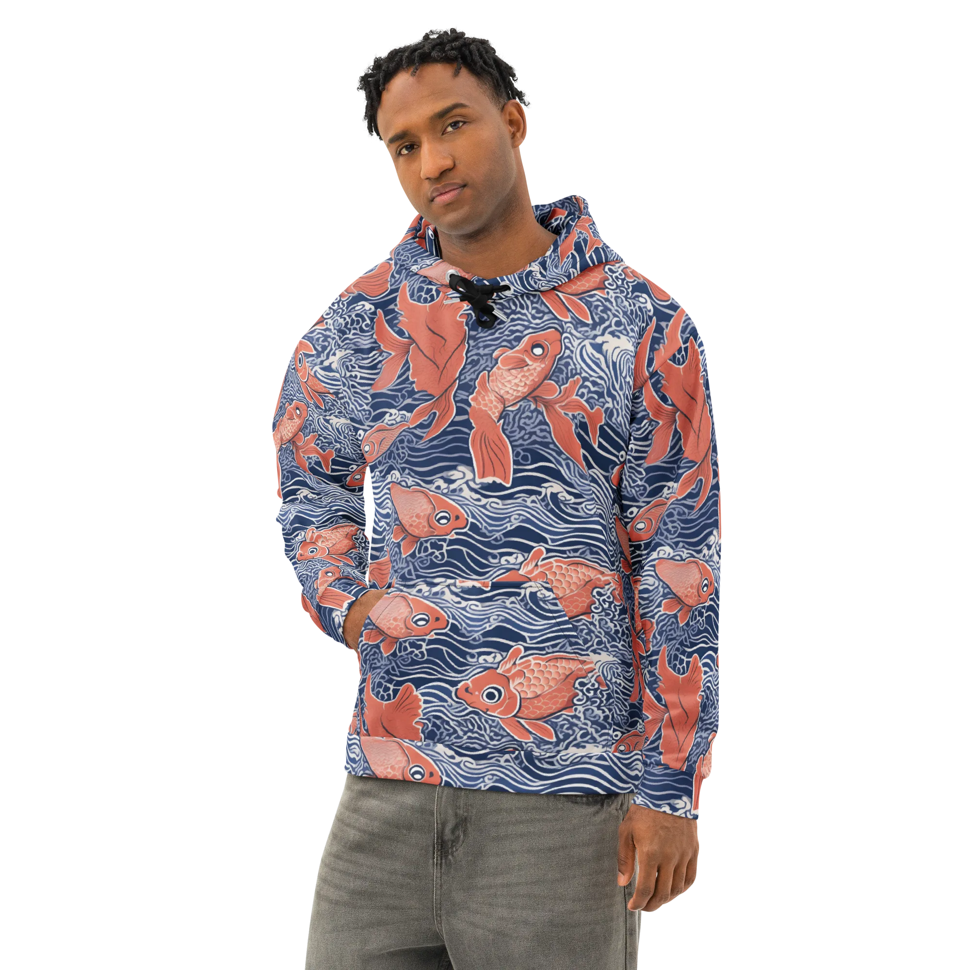 Navy Koi on Cotton Hoodie — Left Front