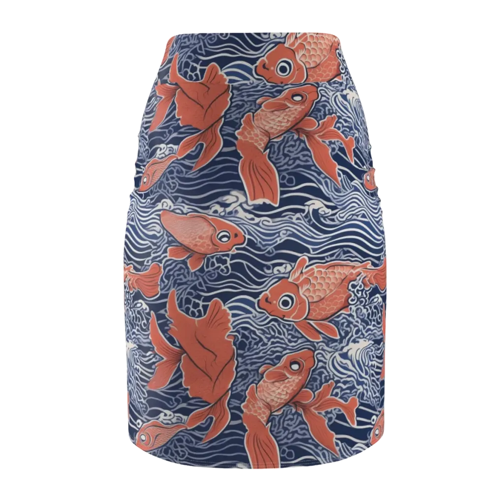 Navy Koi on Pencil Skirt — Back