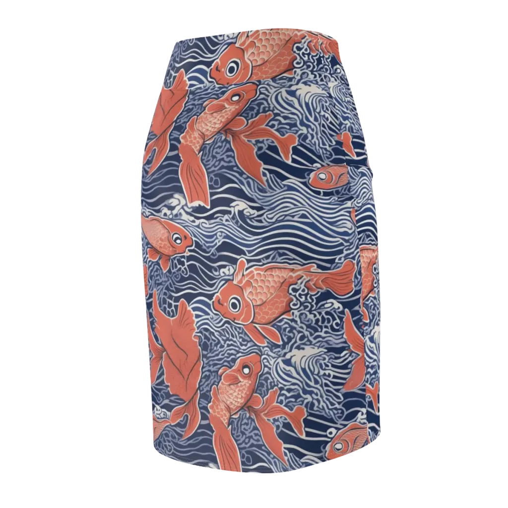 Navy Koi on Pencil Skirt — Back Side