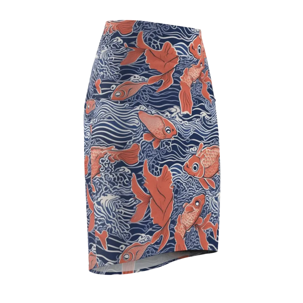 Navy Koi on Pencil Skirt — Front Side