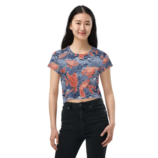 Navy Koi on a Crop Tee