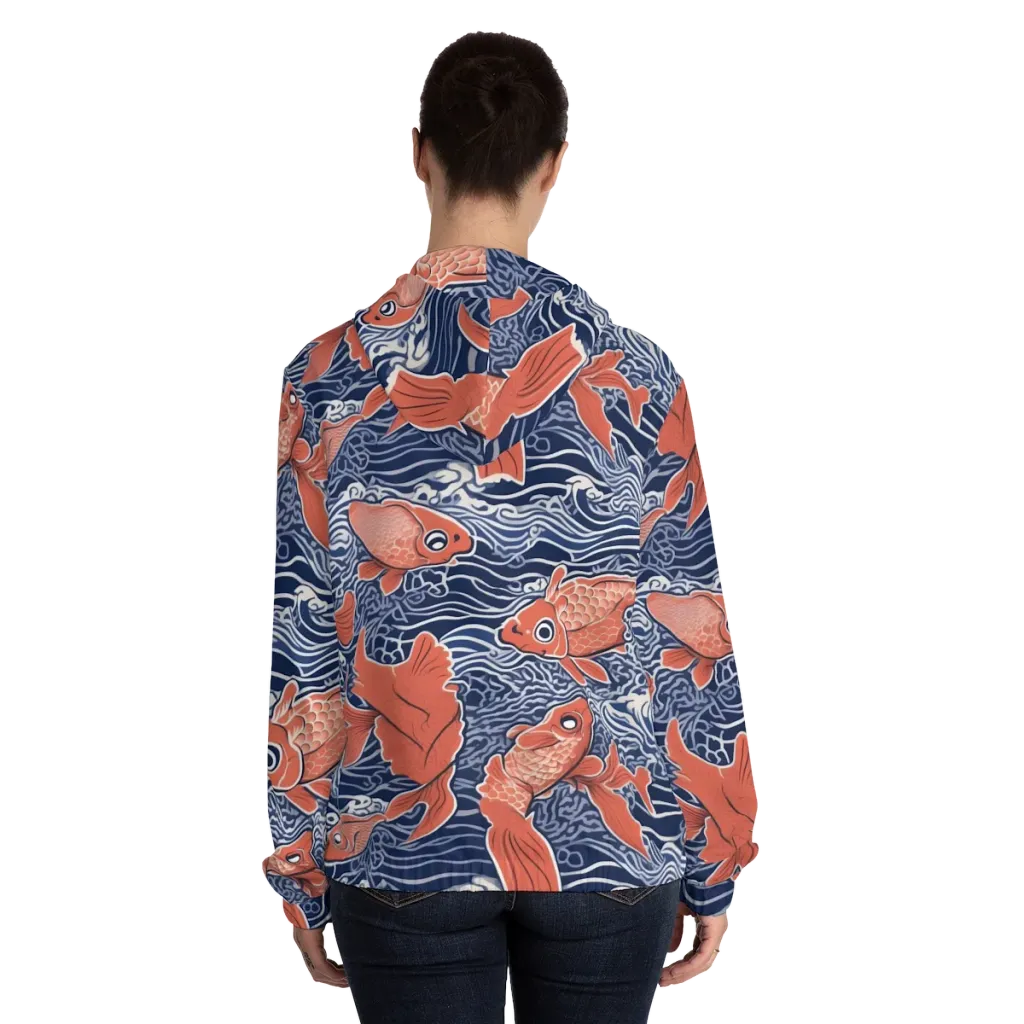 Navy Koi on Women's Full-Zip Hoodie — Back On Person