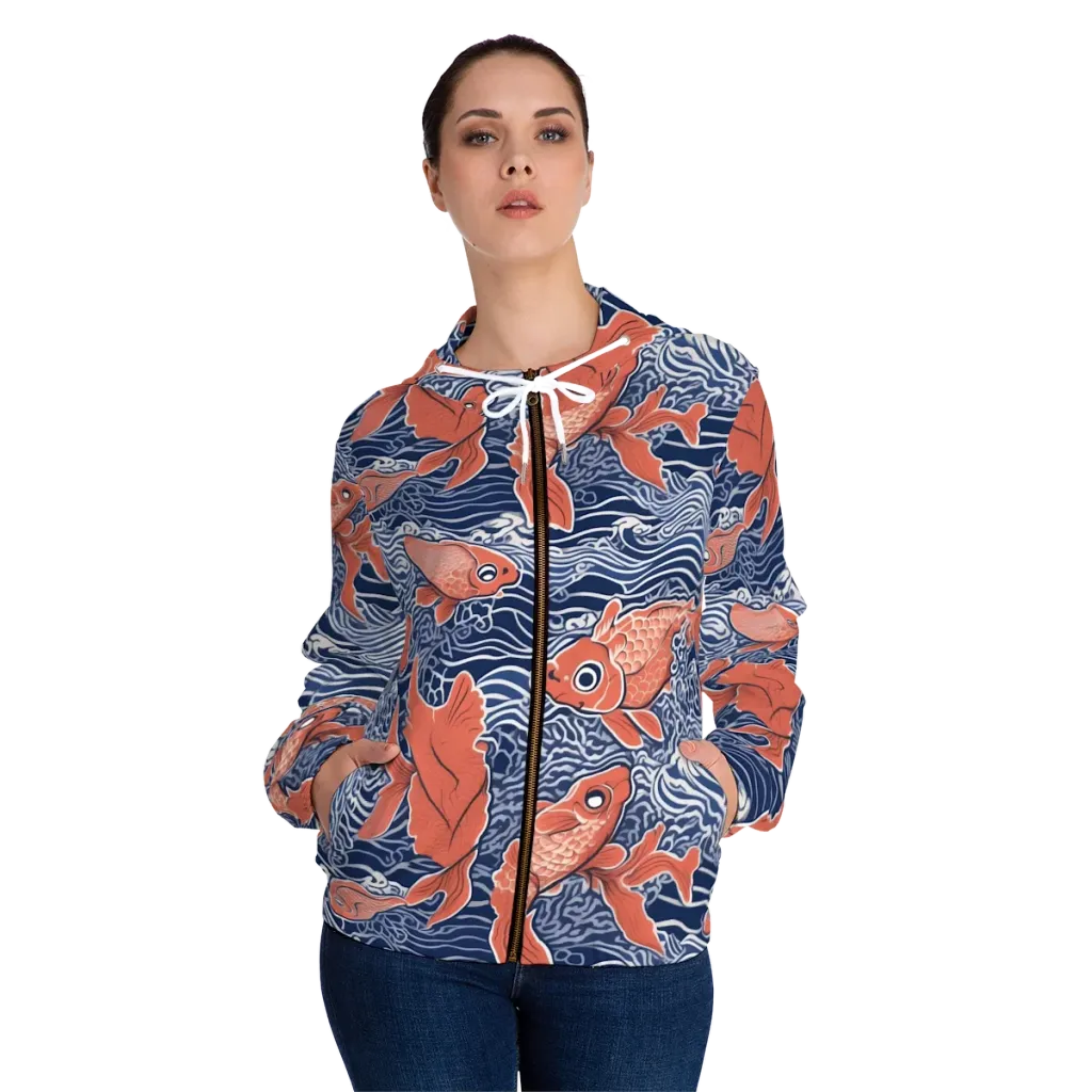 Navy Koi on Women's Full-Zip Hoodie — Front On Person