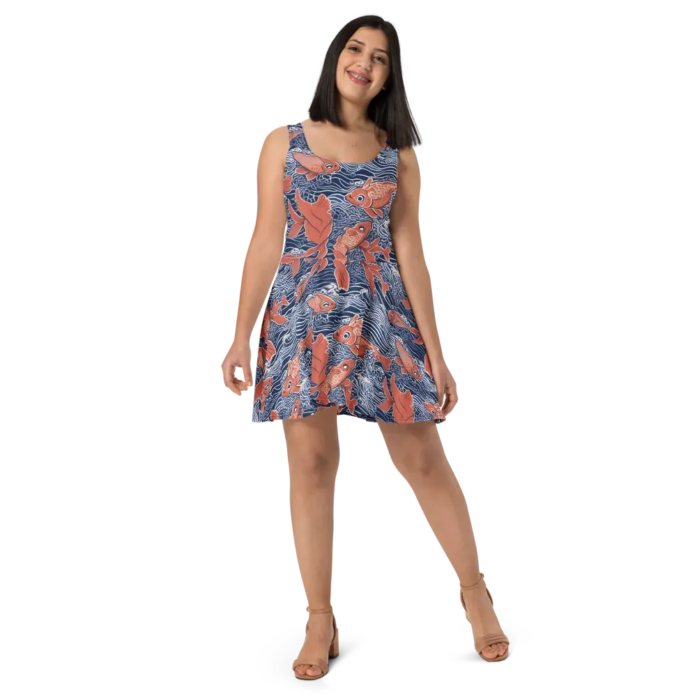 Navy Koi on Skater Dress — Front
