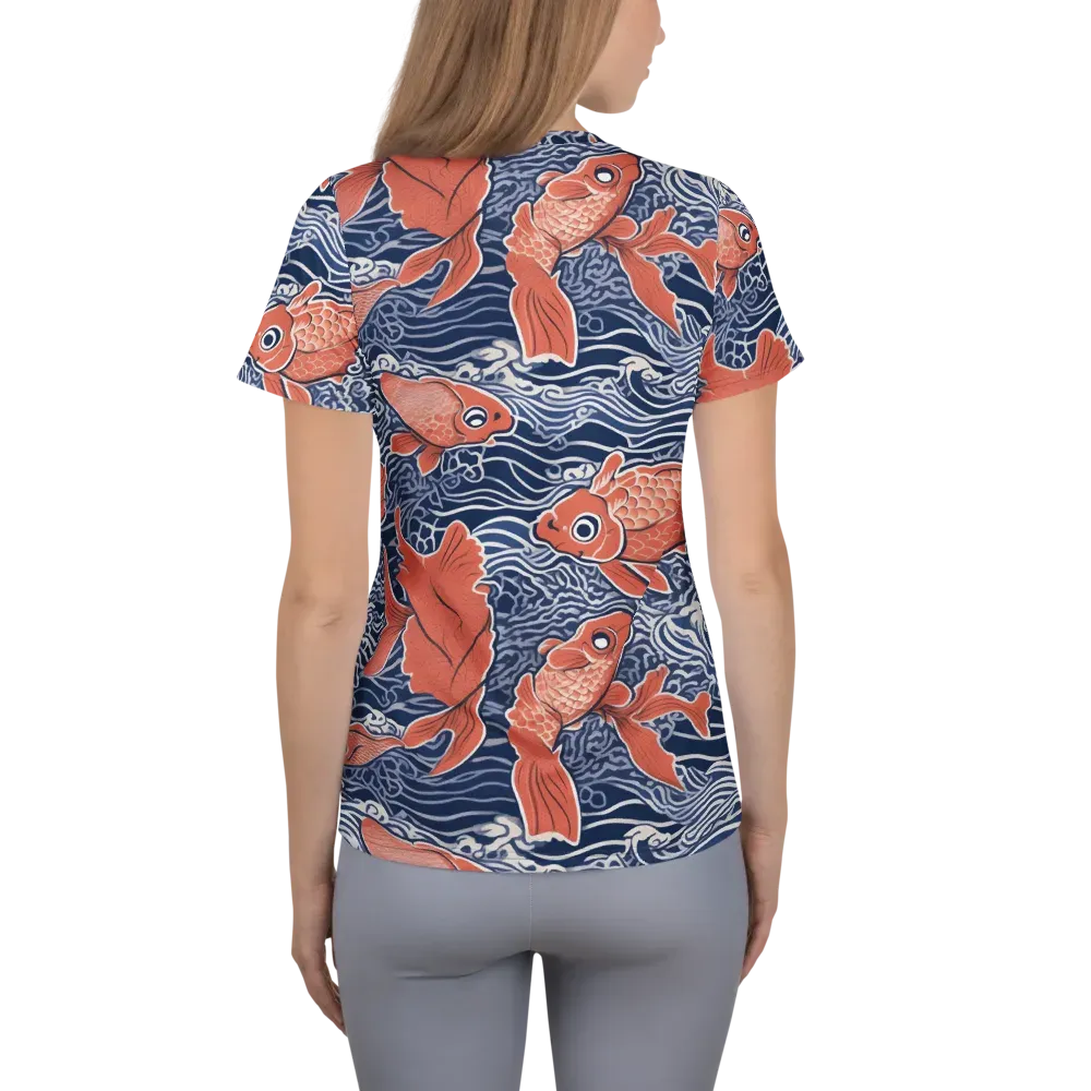 Navy Koi on Women's Athletic T-Shirt — Back