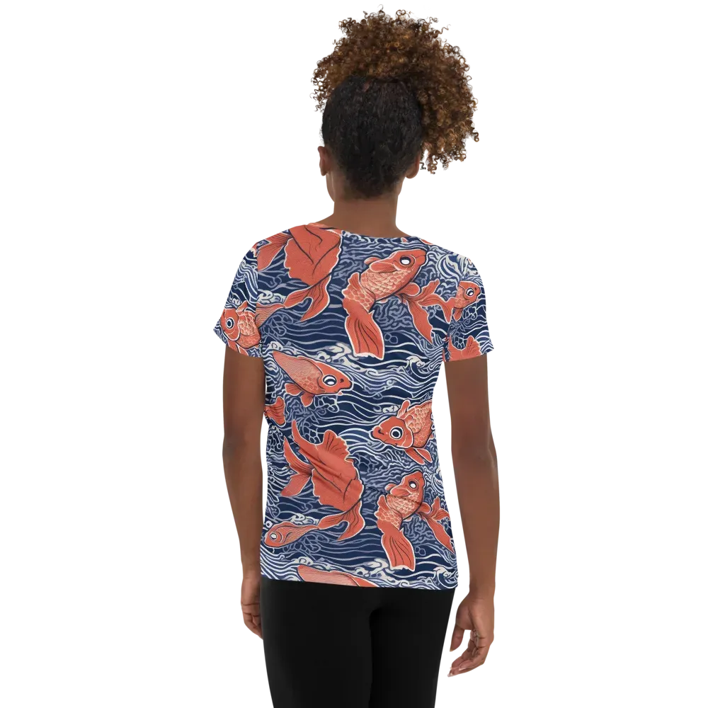 Navy Koi on Women's Athletic T-Shirt — Back
