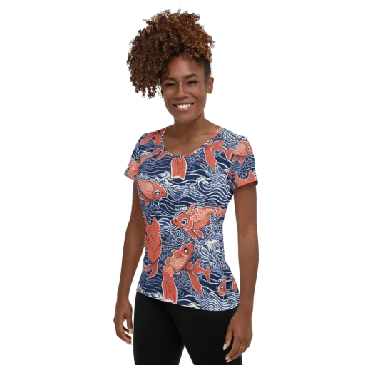 Navy Koi on a Women's Athletic T-Shirt