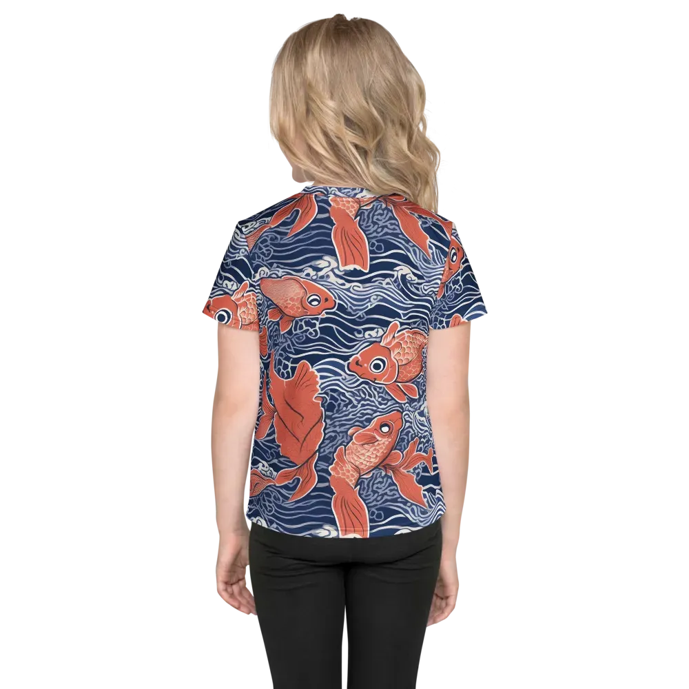 Navy Koi on Kids Crew Neck T-Shirt — Back