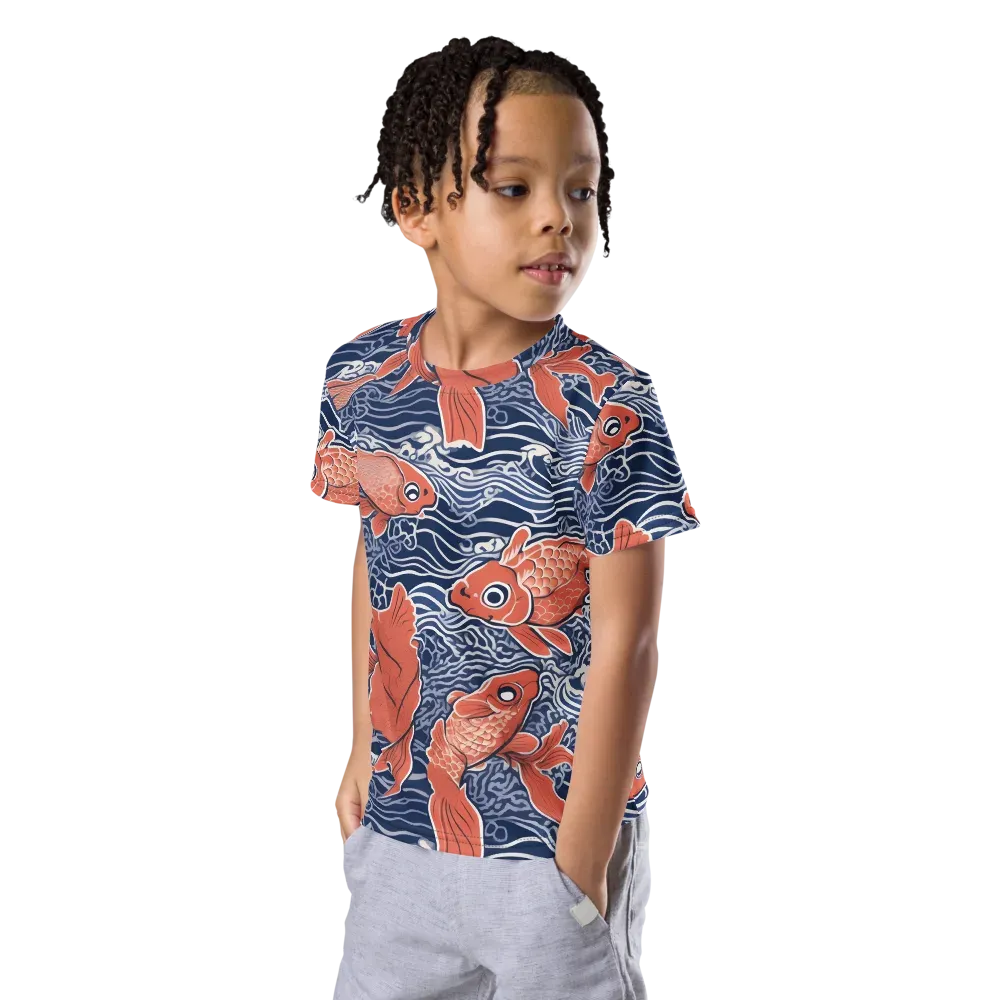 Navy Koi on Kids Crew Neck T-Shirt — Left Front