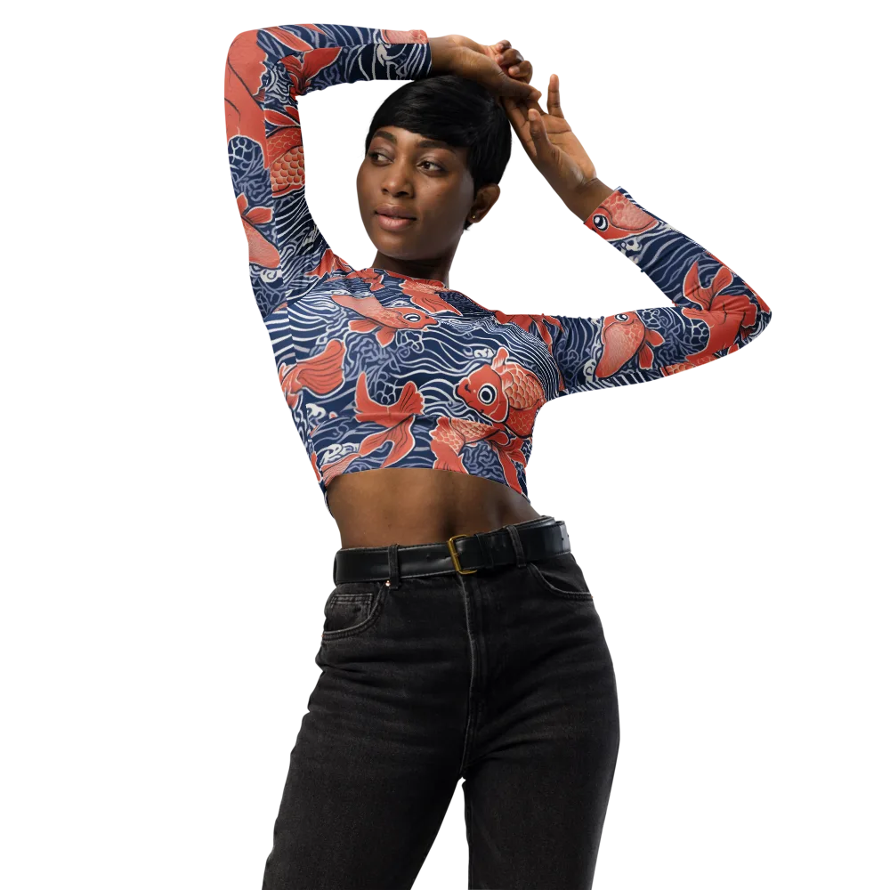 Navy Koi on Long Sleeve Crop Top — Front