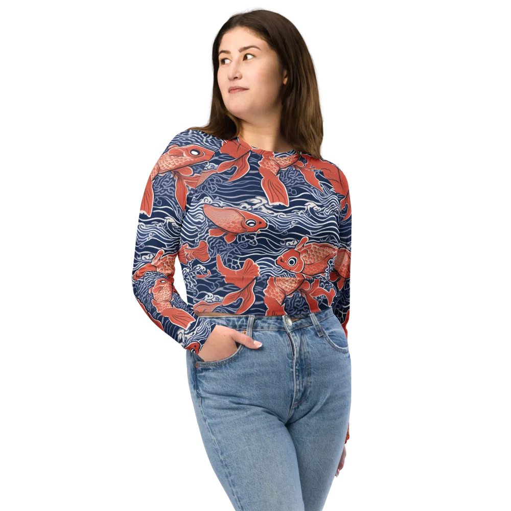 Navy Koi on Long Sleeve Crop Top — Front